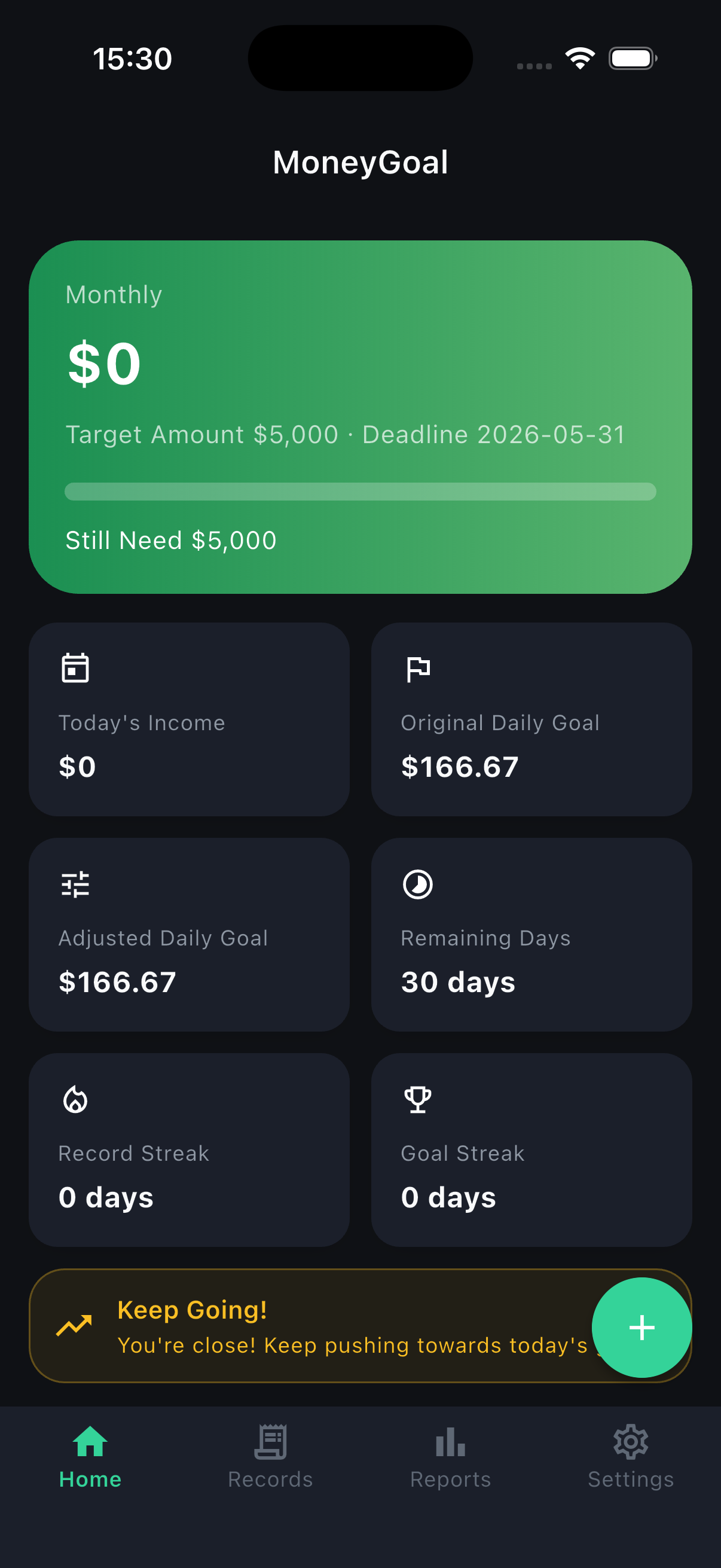MoneyGoal Dashboard showing daily income goal and progress