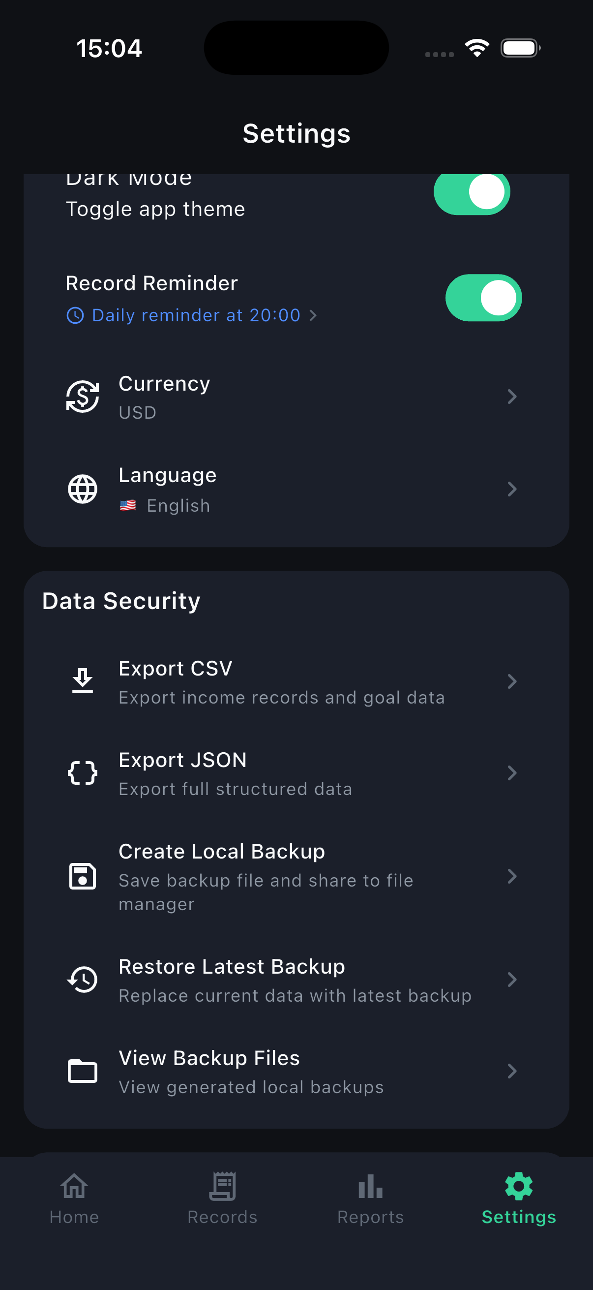 Data security and backup settings